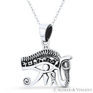 Eye of Horus & Snake Egyptian Luck Charm Pendant in Oxidized 925 Sterling Silver